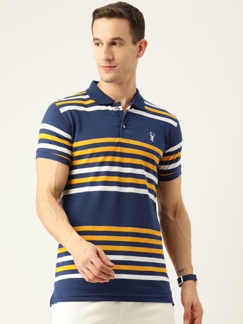 

PORTBLAIR Men Navy Blue & Mustard Yellow Striped Polo Collar T-shirt