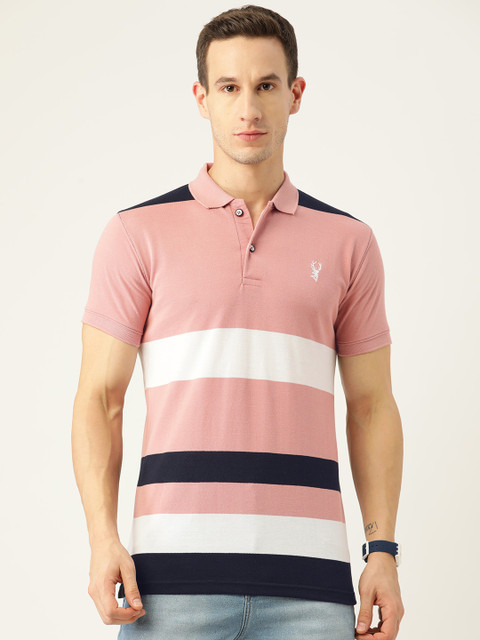 

PORTBLAIR Men Pink & Black Striped Polo Collar Slim Fit T-shirt