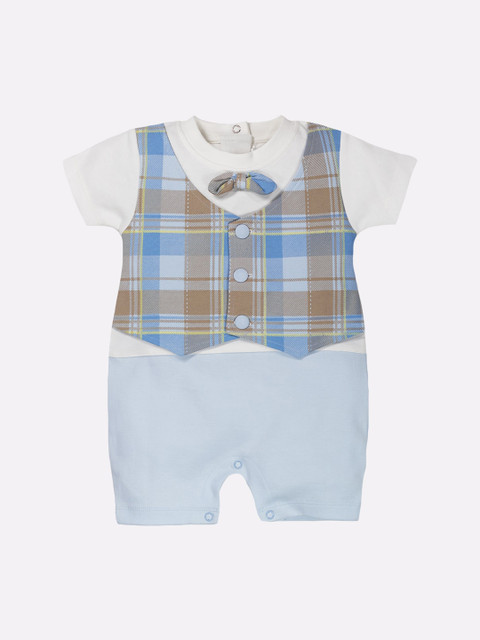 

BABY GO Infant Boys Blue Checked Pure Cotton Rompers