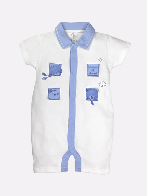 

BABY GO Infant Boys White & Blue Printed Pure Cotton Rompers