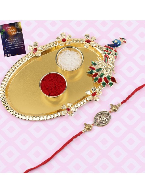 

Silver Shine Red & Gold-Toned Stone-Studded Rakhi