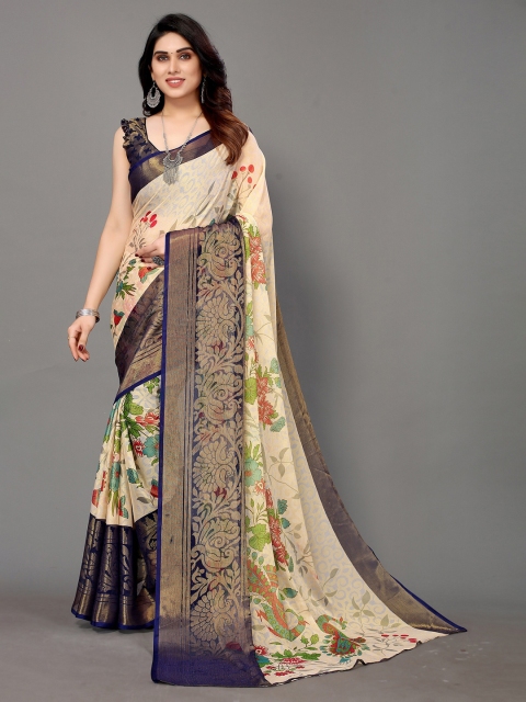 

Winza Designer Navy Blue & Cream-Coloured Floral Brasso Ikat Saree