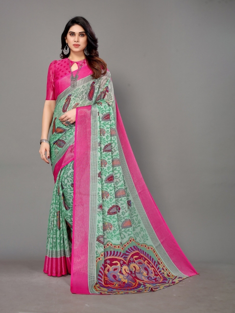 

Winza Designer Green & Pink Ethnic Motifs Zari Brasso Pochampally Saree