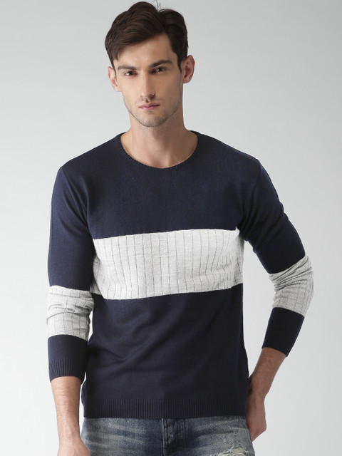 

Mast & Harbour Men Navy Blue & Grey Melange Colourblocked Pullover