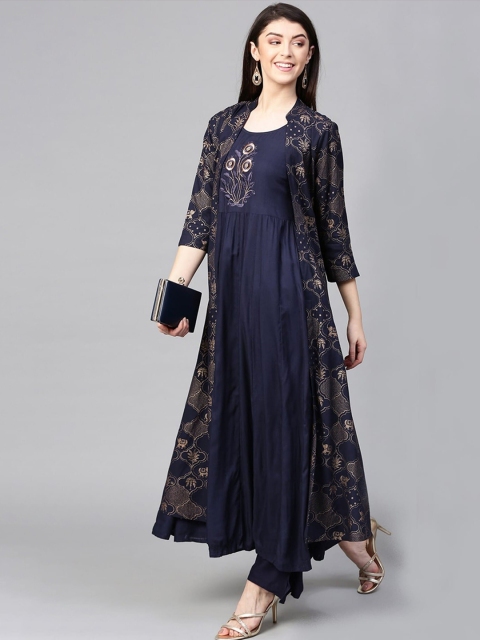 

Suyash Women Navy Blue Ethnic Motifs Embroidered Kurta with Palazzos & Ethnic Jacket