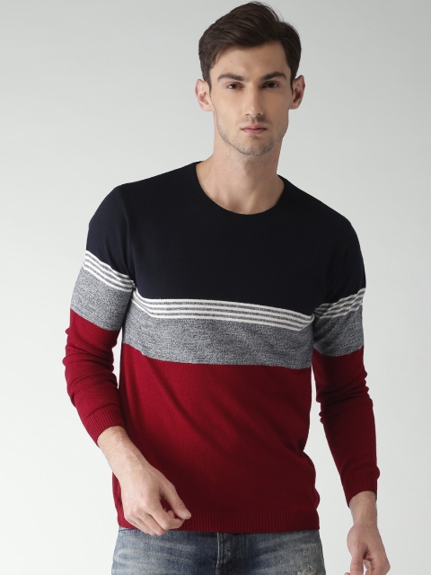 

Mast & Harbour Men Navy Blue & Maroon Colourblocked Pullover