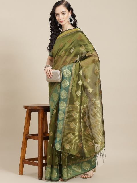 

Tikhi Imli Olive Green & Golden Woven Design Organza Chanderi Saree