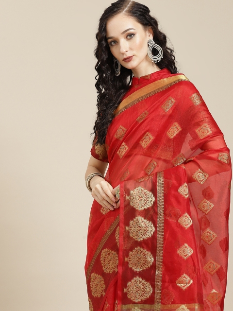 

Tikhi Imli Red & Golden Woven Design Organza Chanderi Saree