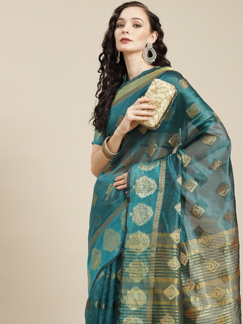 

Tikhi Imli Teal Blue & Golden Woven Design Organza Chanderi Saree