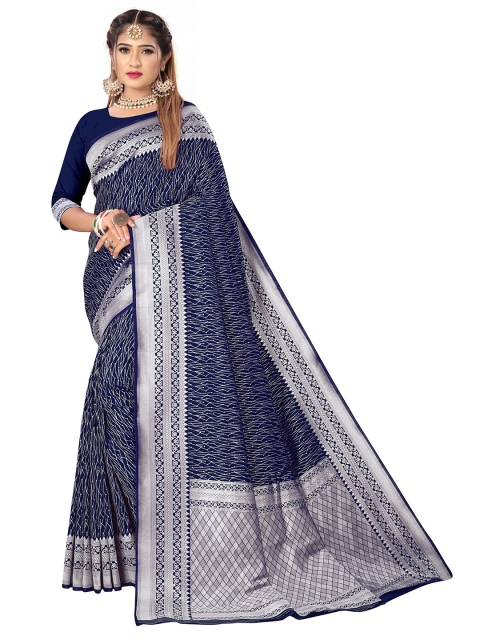 

Rivana Navy Blue & Silver-Toned Woven Design Zari Pure Silk Banarasi Saree