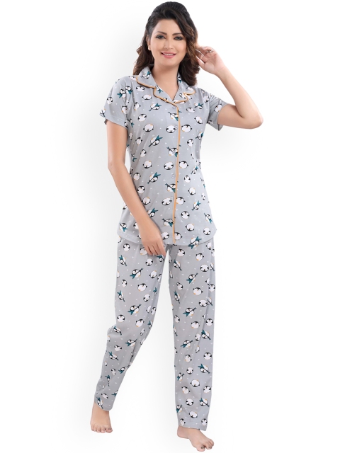 

9shines Label Women Grey & White Printed Night suit