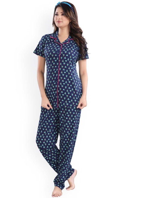 

9shines Label Women Navy Blue Printed Night suit