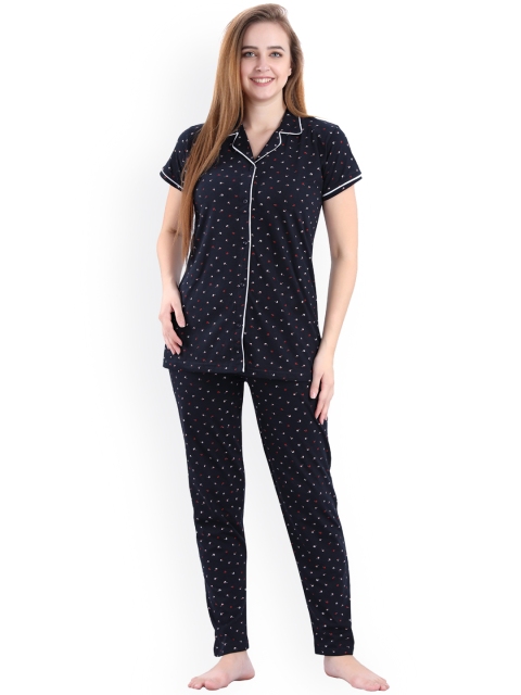 

9shines Label Women Navy Blue Printed Night suit