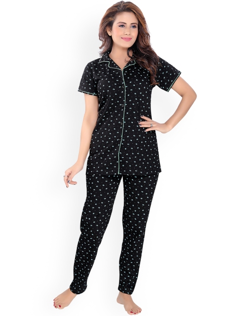 

9shines Label Women Black & Green Printed Night suit