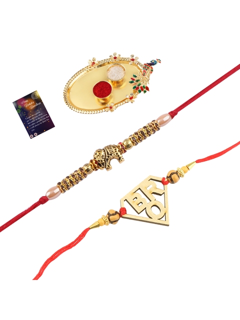 

Silver Shine Set Of 2 Red & Gold-Toned Stone-Studded Rakhi Gift Set