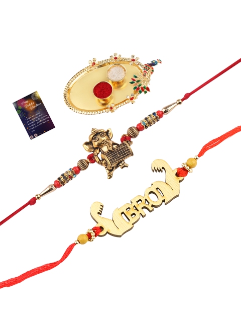 

Silver Shine Set Of 2 Red & Gold-Toned Stone-Studded Rakhi Gift Set