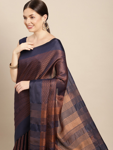 

PERFECTBLUE Navy Blue & Gold Chevron Woven Design Art Silk Saree