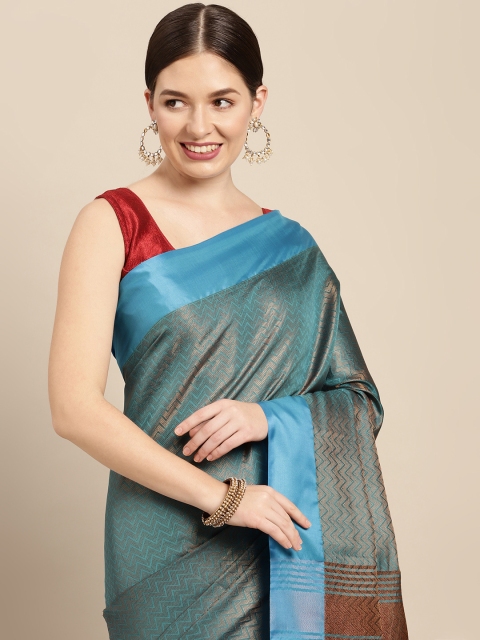 

PERFECTBLUE Teal Blue & Gold Chevron Woven Design Zari Art Silk Saree