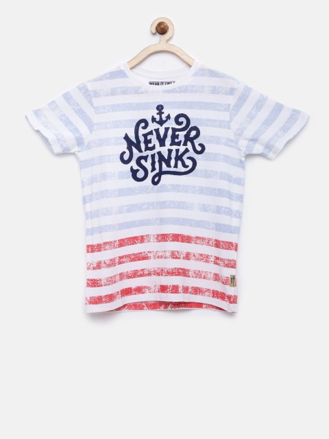 

Flying Machine Boys Blue White Printed Round Neck Pure Cotton T-shirt