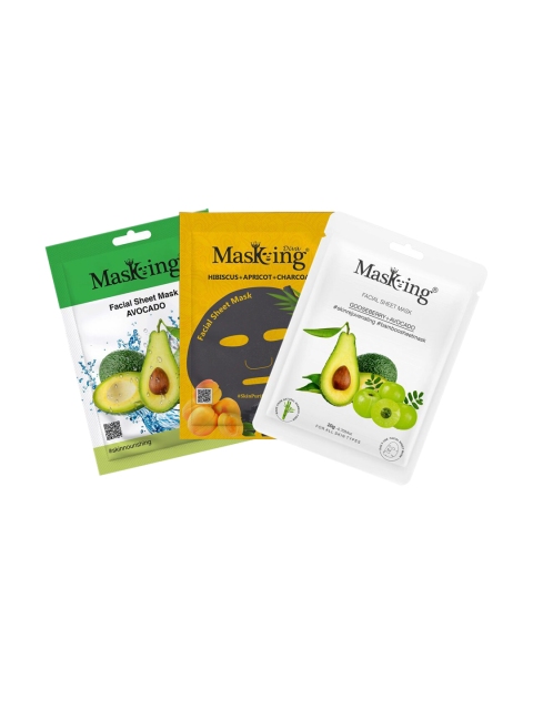 

MasKing Set Of 3 Beauty Bamboo Charcoal Facial Sheet Mask Avocado, Gooseberry & Apricot 65 g, Multi