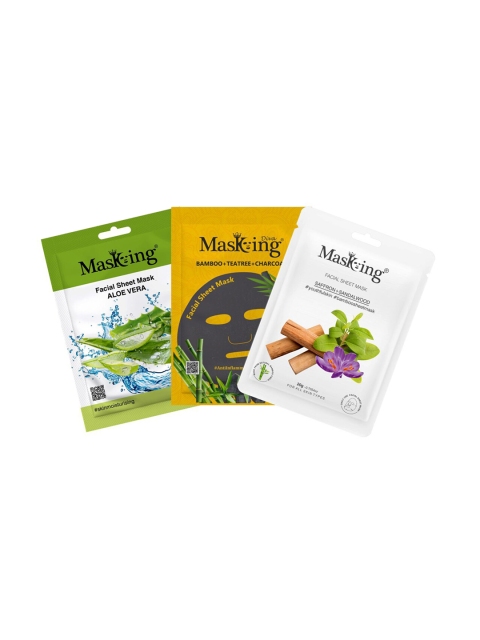 

MasKing Set of 3 Beauty Bamboo Charcoal Facial Sheet Mask of Aloevera Saffron & Teatree 65 gm, Multi