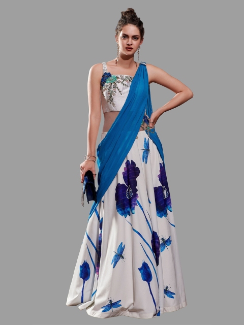 

SAPTRANGI Navy Blue Floral Scuba Ethnic Maxi Dress