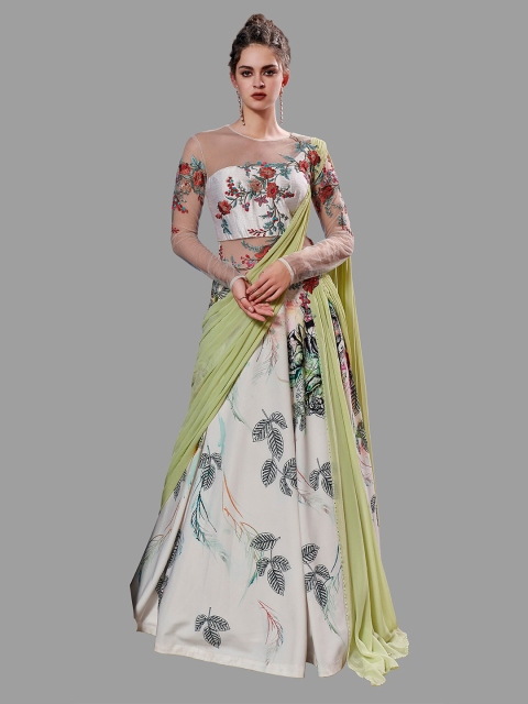 

SAPTRANGI Green Floral Scuba Ethnic Maxi Dress
