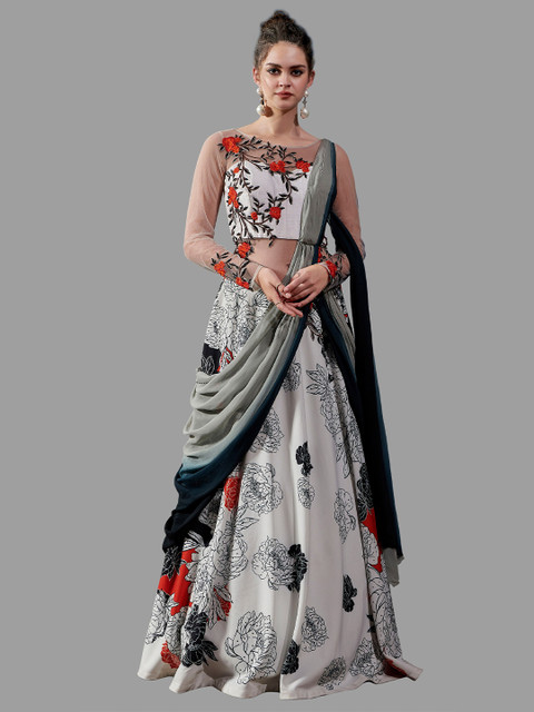 

SAPTRANGI Grey Floral Scuba Ethnic Maxi Dress