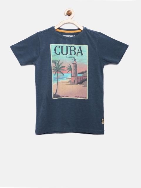 

Flying Machine Boys Blue Printed Round Neck Pure Cotton T-shirt