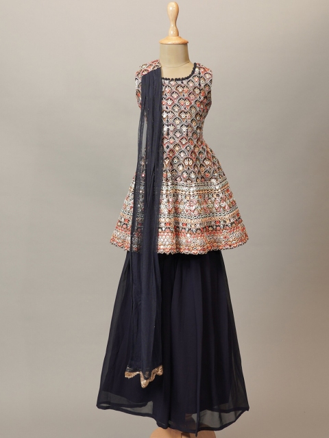 

Mumkins Girls Navy Blue Floral Empire Kurti with Skirt & With Dupatta