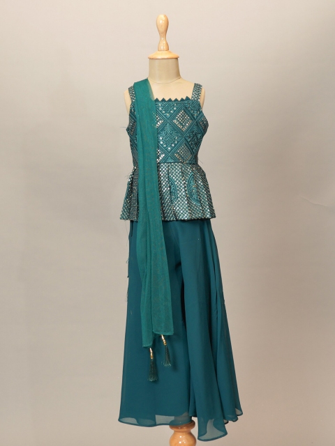 

Mumkins Girls Green Pleated Kurti with Palazzos & With Dupatta