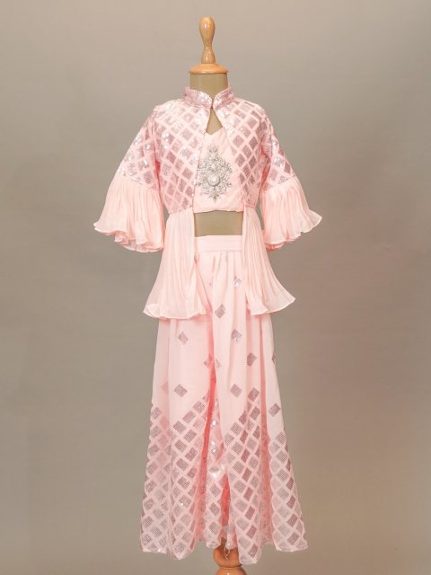

Mumkins Girls Pink Floral Printed Panelled Kurta with Palazzos