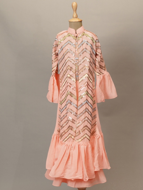 

Mumkins Girls Peach-Coloured Striped Kurti with Skirt & With Dupatta