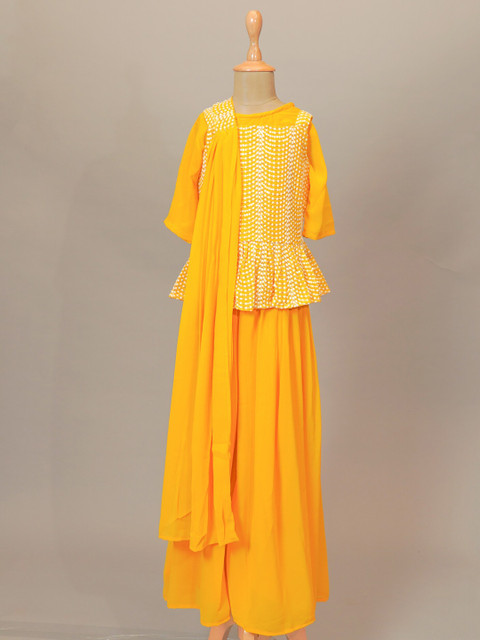 

Mumkins Girls Yellow Embroidered Pleated Kurta with Palazzos & With Dupatta