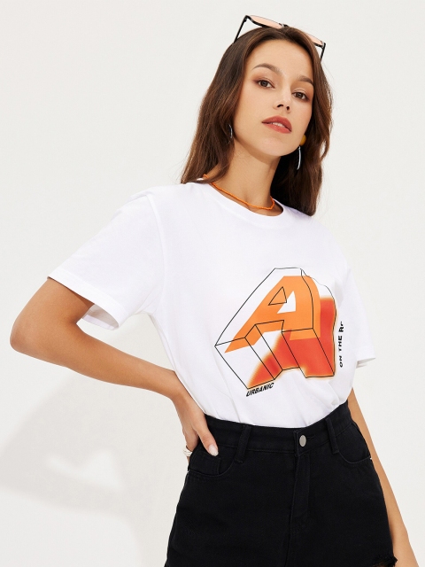 

URBANIC Women White & magnolia Printed Applique T-shirt