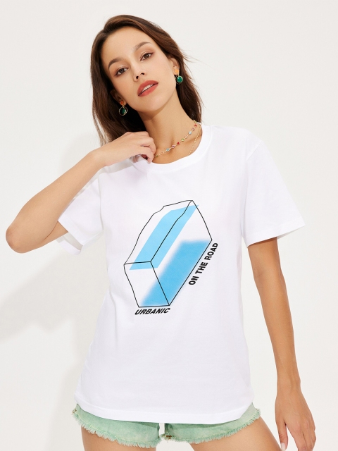 

URBANIC Women White & bright gray Typography Printed V-Neck Applique T-shirt