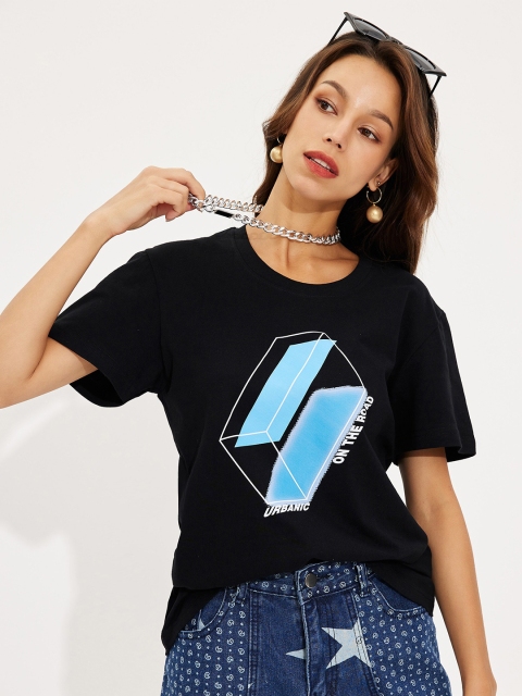 

URBANIC Women Black & xiketic Printed V-Neck Applique T-shirt