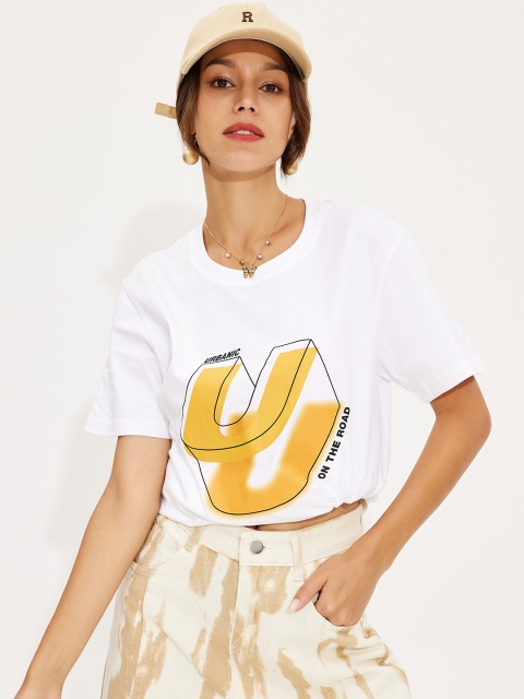

URBANIC Women White Typography Printed Polo Collar Extended Sleeves T-shirt