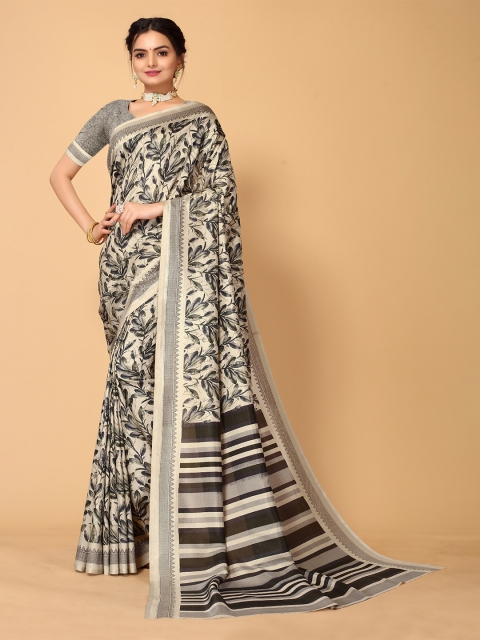 

Sangria Beige & Black Floral Block Print Saree