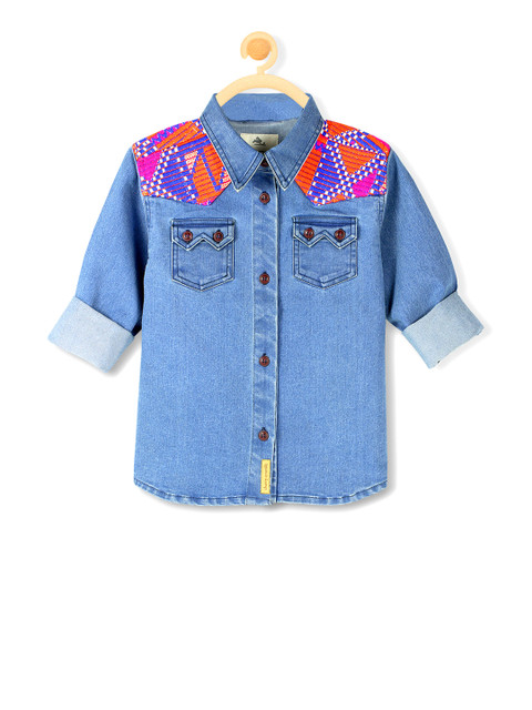 

Cherry Crumble Unisex Blue Comfort Fit Solid Denim Shirt