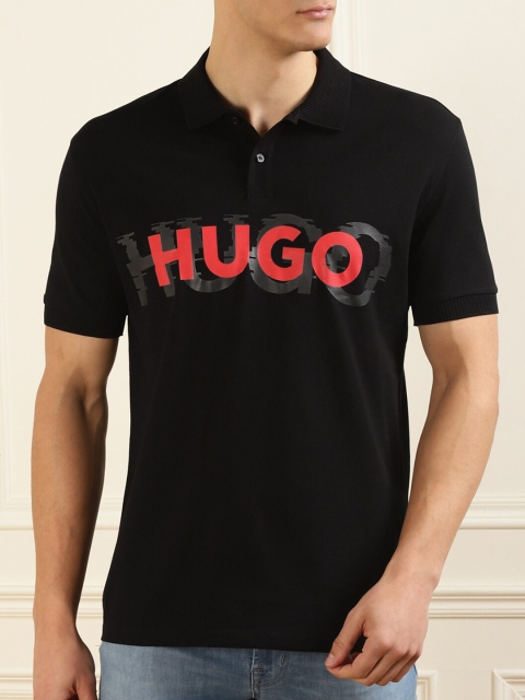

HUGO Men Black Typography Polo Collar Applique T-shirt