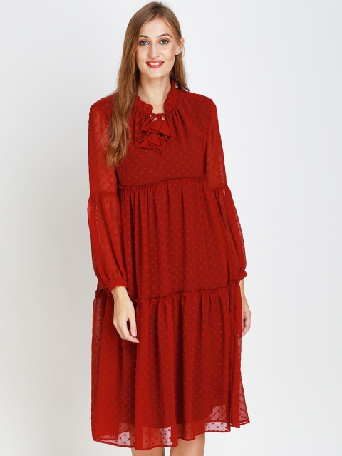 

angloindu Maroon Tie-Up Neck Maternity A-Line Midi Dress