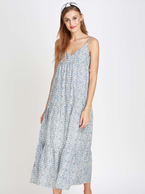

angloindu Blue Floral A-Line Midi Dress