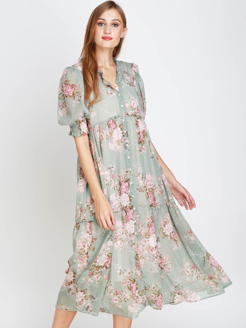 

angloindu Green Floral Maternity A-Line Midi Dress