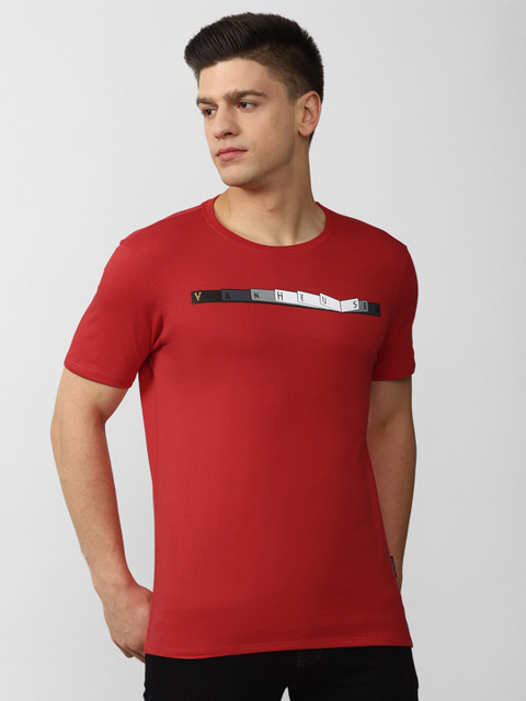 

V Dot Men Red & auburn Typography Applique Slim Fit T-shirt