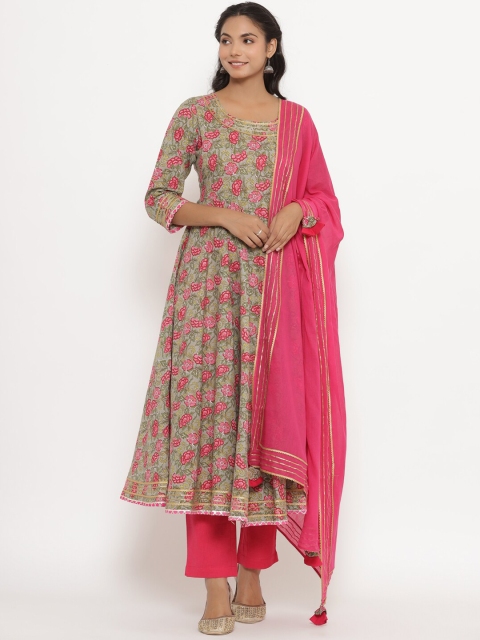

CRAFIQA Women Pink Layered Pure Cotton Kurta with Trousers & With Dupatta
