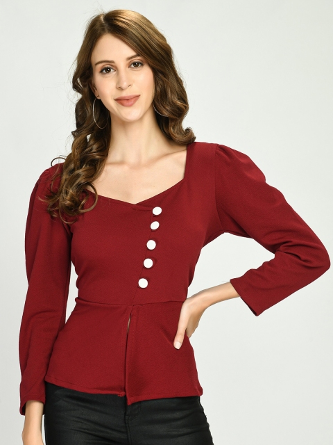 

IUGA Maroon & crimson red Sweetheart Neck Cinched Waist Top