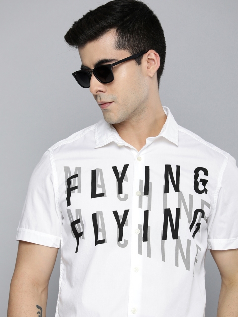 

Flying Machine Men White & Black Slim Fit Brand logo Printed Pure Cotton Casual Shirt