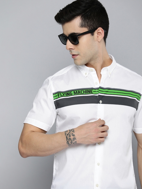 

Flying Machine Men White & Green Slim Fit Brand logo Printed Pure Cotton Casual Shirt