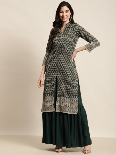

Jompers Women Green Floral Embroidered Chikankari Kurta with Sharara